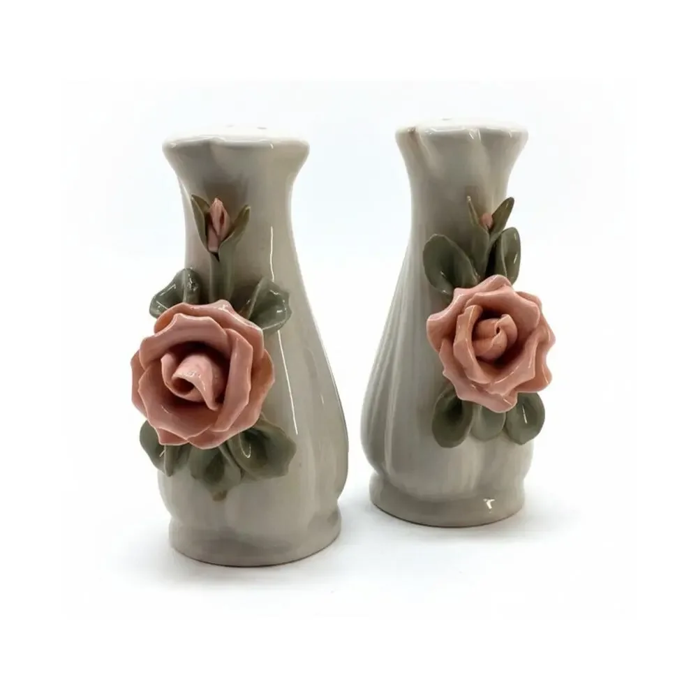 Vintage Pink Rose Salt Pepper Shakers Ceramic Floral Cottagecore Shabby Chic